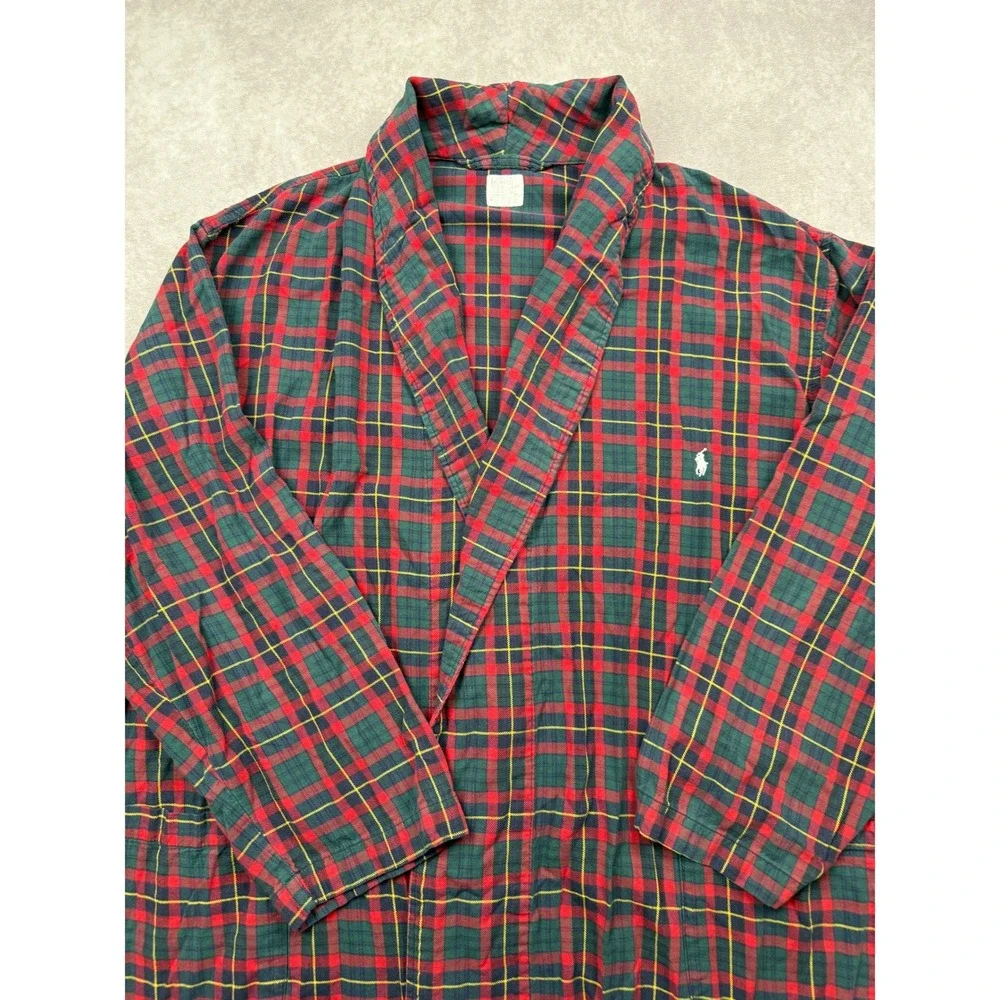 VTG Polo Ralph Lauren Mens L/XL Plaid Robe Red Green Cotton Shawl Collar Lounge